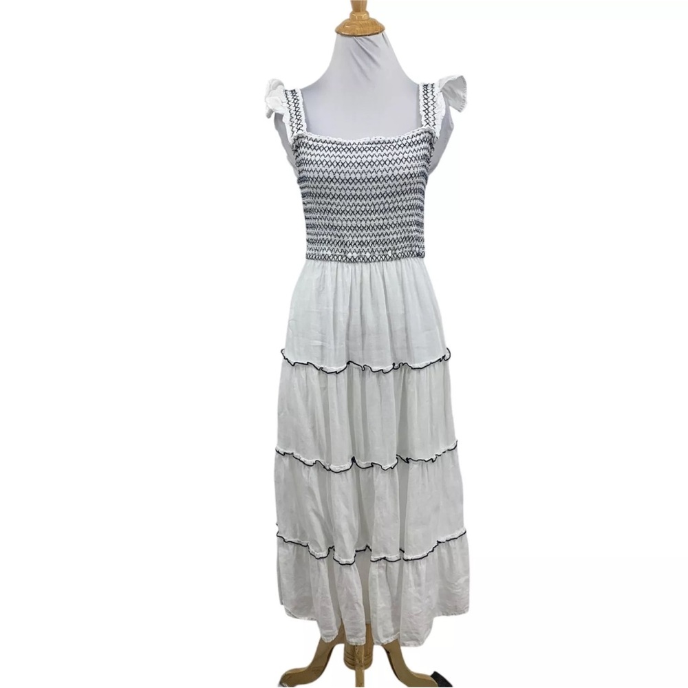Vineyard Vines Dress Womens M White Navy Linen Flutter Sleeve Smocked Midi